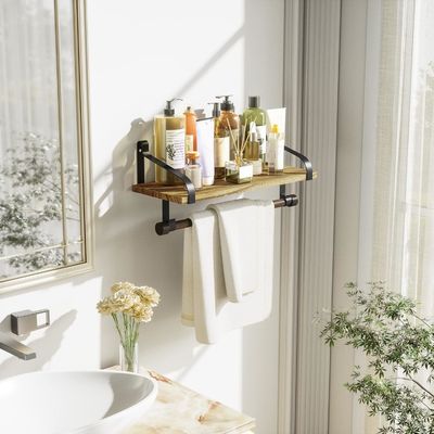 Rustieke hout 8 Afneembare haakjes Wand Drijvende planken Keuken Spice Rack met handdoek