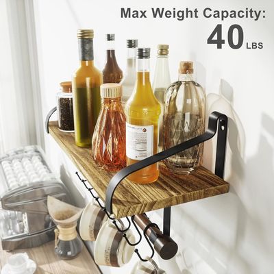 Rustieke hout 8 Afneembare haakjes Wand Drijvende planken Keuken Spice Rack met handdoek
