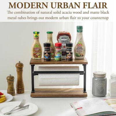 Verbeter uw keuken met deze solide acacia hout papieren handdoekhouder en top display plank