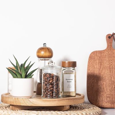 Zilkschermdruk Houten ronde decoratieve bak 10" Houten organisator voor badkamer toonbank