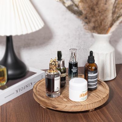 Zilkschermdruk Houten ronde decoratieve bak 10" Houten organisator voor badkamer toonbank