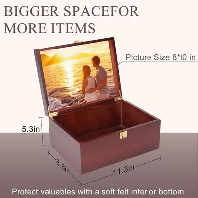 Grote houten souvenirdoos met scharnieren deksel en fotoraam Elegante trouwherinneringen
