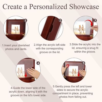 Grote houten souvenirdoos met scharnieren deksel en fotoraam Elegante trouwherinneringen
