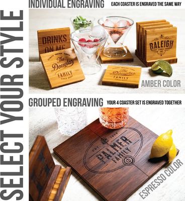 Achternaam-coasters met optionele houder gemaakt van bamboe, beek, walnoot, eik, MDF of dennen