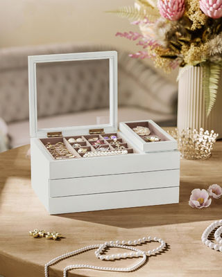 Doorzichtige deksel 3-laag houten juwelen doos in rechthoekige vorm voor op maat gemaakte opslagbehoeften