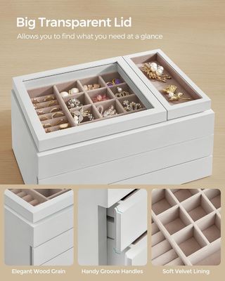 Doorzichtige deksel 3-laag houten juwelen doos in rechthoekige vorm voor op maat gemaakte opslagbehoeften