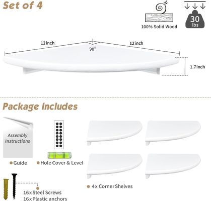 Op maat gemaakte woonkamer decoratie Set van 4 hoek ronde wit zwevende boekenplanken voor de muur