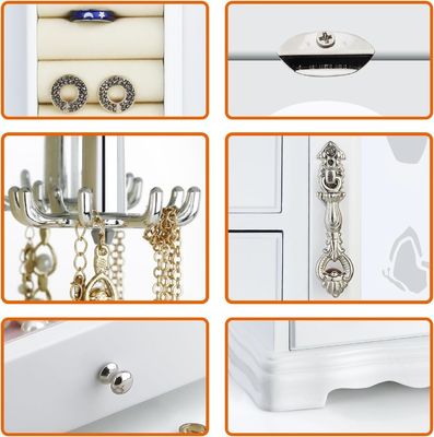 Handgemaakte witte massieve houten sieraden doos met 4 laden Grote spiegel en halsketting Carousel