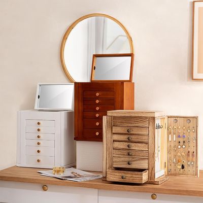 Grote 7-laagse houten sieraden doos met spiegel voor oorbellen Armband Halsketting Horloge Ring