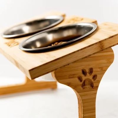 15 graden kanteling pet bowl stand op maat hout printen laser graveren twee verwijderbare kommen