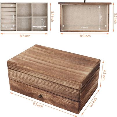 Custom Oem logo rustieke houten juwelen doos met spiegel ring bak groot formaat handwerk cadeau