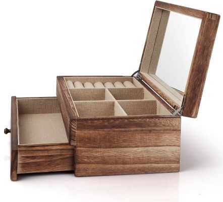 Custom Oem logo rustieke houten juwelen doos met spiegel ring bak groot formaat handwerk cadeau