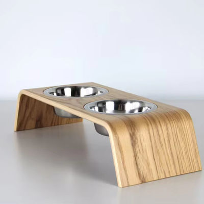 202407 Huisdierencadeau Gepersonaliseerd Houten Voedselstand met Twee Stainless Steel Schalen