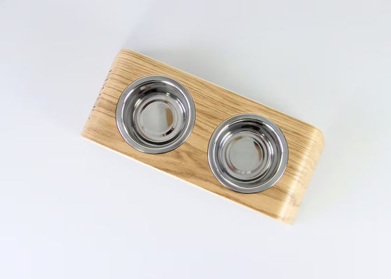 202407 Huisdierencadeau Gepersonaliseerd Houten Voedselstand met Twee Stainless Steel Schalen