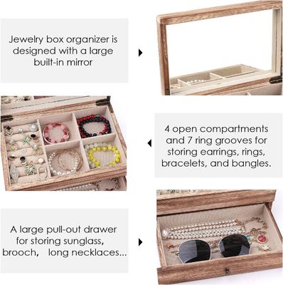 Custom Oem logo rustieke houten juwelen doos met spiegel ring bak groot formaat handwerk cadeau