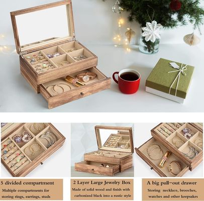 Custom Oem logo rustieke houten juwelen doos met spiegel ring bak groot formaat handwerk cadeau