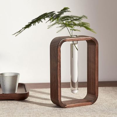 Tuinplant Decoratie Doorzichtige glazen vaas Plantenhouder Kleine grootte Walnoot Rechthoekig Houten raam Bloemenstand Tafel