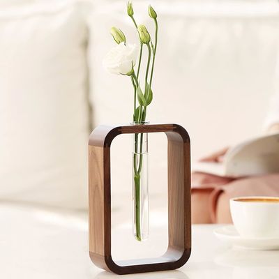 Tuinplant Decoratie Doorzichtige glazen vaas Plantenhouder Kleine grootte Walnoot Rechthoekig Houten raam Bloemenstand Tafel