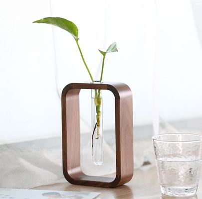 Tuinplant Decoratie Doorzichtige glazen vaas Plantenhouder Kleine grootte Walnoot Rechthoekig Houten raam Bloemenstand Tafel