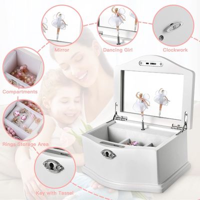 Middelgrote witte houten ballerina juwelendoos met spiegel voor gepersonaliseerde organisatie