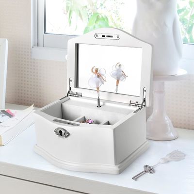Middelgrote witte houten ballerina juwelendoos met spiegel voor gepersonaliseerde organisatie