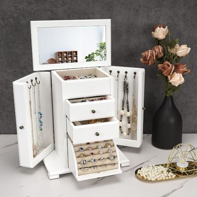Custom logo rustieke witte sieraden verpakking 4 lagen houten sieraden dozen