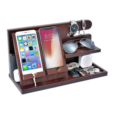Gepersonaliseerd logo Houten telefoonstand organisator voor mannen Portemonnee horloge Docking Station