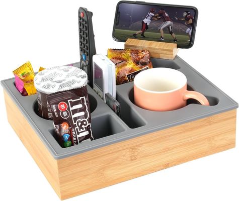 Draaibare telefoonhouder Houten siliconen bamboe bankhouder bak organisator voor bed snacks aangepast logo Acceptabel