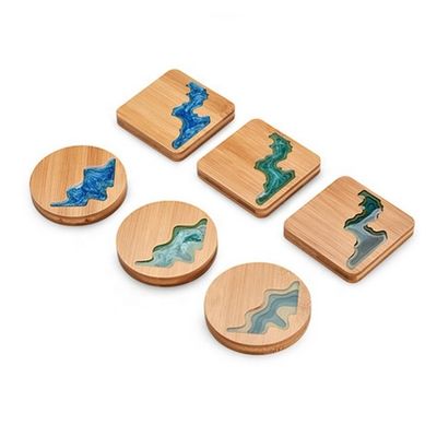 10cm Live Edge Bamboe Vierkante Hars Houten Epoxy Hout Coaster Hars Rivier Blauw Smaragd