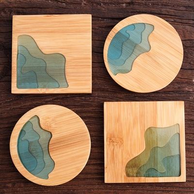 10cm Live Edge Bamboe Vierkante Hars Houten Epoxy Hout Coaster Hars Rivier Blauw Smaragd