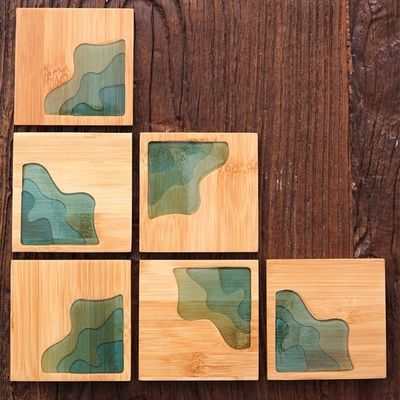 10cm Live Edge Bamboe Vierkante Hars Houten Epoxy Hout Coaster Hars Rivier Blauw Smaragd