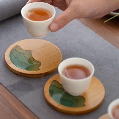10cm Live Edge Bamboe Vierkante Hars Houten Epoxy Hout Coaster Hars Rivier Blauw Smaragd