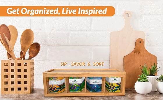 Houten theezak organisator met laser gegraveerde drukwerk en helder acryl glas venster