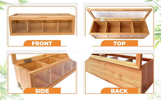 Houten theezak organisator met laser gegraveerde drukwerk en helder acryl glas venster