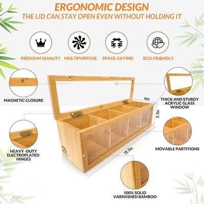 Houten theezak organisator met laser gegraveerde drukwerk en helder acryl glas venster