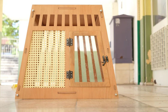 Houten huis voor honden en katten met een witte deur