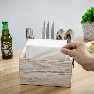 Niet-vouwbare rek voor bedieningsmiddelen en servetten Wit gewassen massief hout Zwarte metalen handgrepen