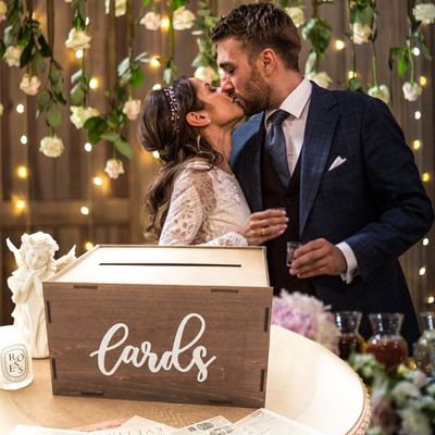 Bruiloftkaartdoos voor receptie Bruine houten envelop gelddoos Printing Laser Engraving