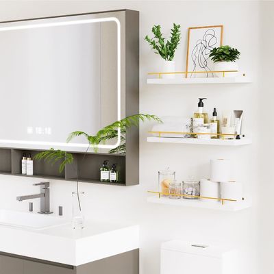 Badkamer wandenplanken Set van 3 met gouden metalen beveiligingsrail en bamboe hout 41X13.5X2cm