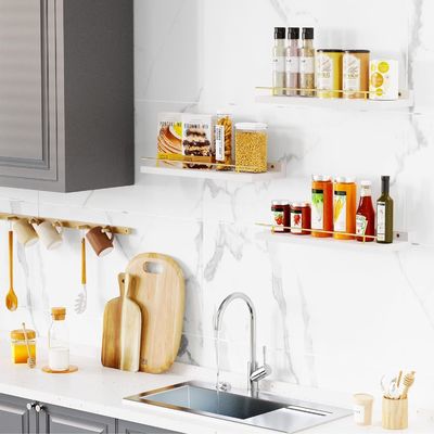 Badkamer wandenplanken Set van 3 met gouden metalen beveiligingsrail en bamboe hout 41X13.5X2cm