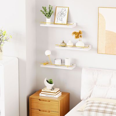 Badkamer wandenplanken Set van 3 met gouden metalen beveiligingsrail en bamboe hout 41X13.5X2cm