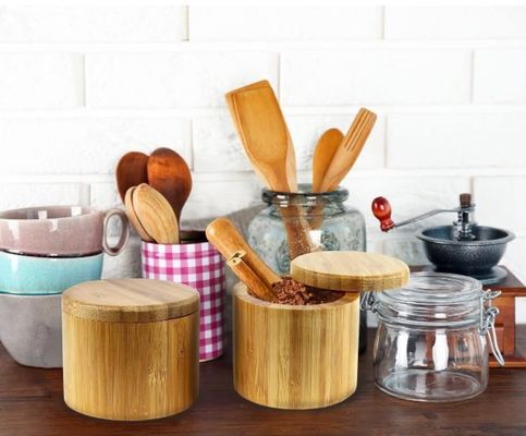 Gepersonaliseerd logo Thee Koffie Suikeropslag Jar Spice Jar Set met bamboe rek en bamboe deksel