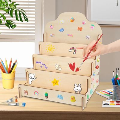 Op maat gemaakte solide hout 4 tier display stand voor groetkaarten stickers en ansichtkaarten