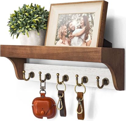 Houten basis 2-kleurige sleutelrek met 5 retro sleutels Haakjes voor rustieke huisversiering Witgrij