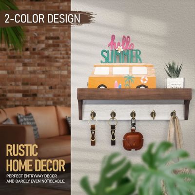 Houten basis 2-kleurige sleutelrek met 5 retro sleutels Haakjes voor rustieke huisversiering Witgrij