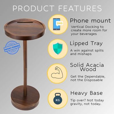 Specifieke koffietafel Moderne houten drinktafel met telefoonmount en kleine ronde afmetingen