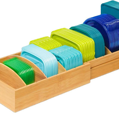 Houten bamboe uitbreidbare 13-27 "voedselopslagcontainer organisator voor keuken OEM Dining