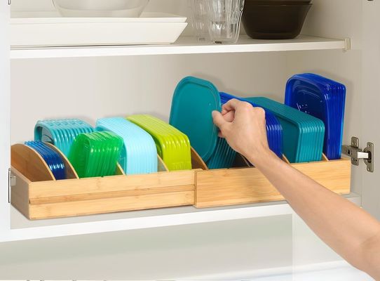 Houten bamboe uitbreidbare 13-27 "voedselopslagcontainer organisator voor keuken OEM Dining
