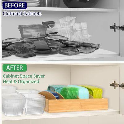 Houten bamboe uitbreidbare 13-27 "voedselopslagcontainer organisator voor keuken OEM Dining