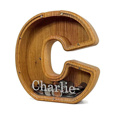 Grote gelddoos met gepersonaliseerd alfabet Custom Logo aanvaard Houten Piggy Bank